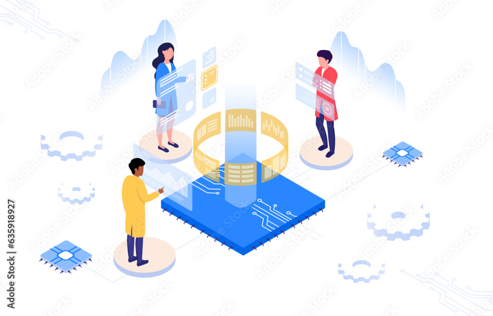 Wall mural people with modern technologies concept. man and women with statistics. data visualization and infog