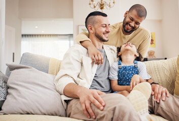 Gay family, child and happy on a home sofa with love, care and safety in a lounge. Lgbtq men,...