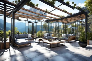 Modern Pergola and Sunroom on Mountain House Patio , Generative ai