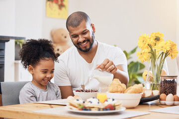 Home, breakfast and father with girl, cereal and help with milk, nutrition and family with food. Male parent, child and kid with healthy meal, start the day and dad with support, hungry and happy