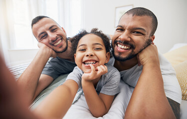 Gay, family and selfie portrait of child in home bedroom, bonding and fun together. Face of men,...