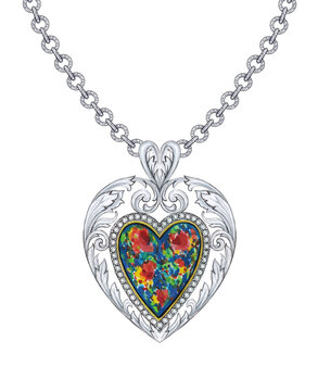 Jewelry design vintage heart set with black opal white gold pendant hand drawing and painting on paper.