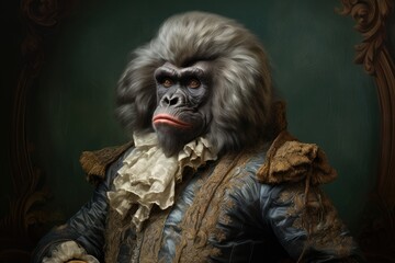 Gorilla, 3d funny portrait, 1700, Noble, Aristocratic, Dressed, Attire, Wig. HIGH ARISTOCRACY GORILLA. A 1700s elderly, elegant gorilla. Gray wig, ruffled ivory-colored collar. Graceful standing pose. - obrazy, fototapety, plakaty