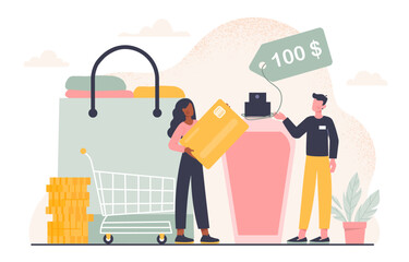 People with price tags concept. Man and woman near cart with price tag, gold coins and cologne. Online shopping and electronic commerce, discounts and promotions. Cartoon flat vector illustration
