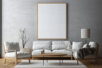 A minimalist paradise of clean lines and pristine surfaces, this living room boasts a sleek white couch adorned with plush pillows and accented by a striking framed picture, perfectly complemented by