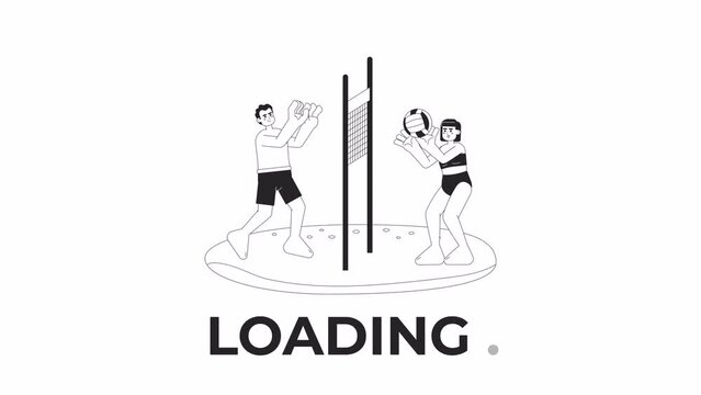 Friends playing volleyball on beach black and white loading animation. People in swimsuits playing with ball over net outline 2D cartoon characters 4K video loader motion graphic. Waiting animated gif