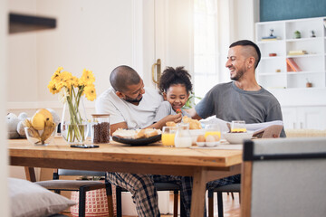 Laugh, gay men and family at breakfast together in the dining room of their modern house. Smile, happy and girl child bonding and eating a healthy meal for lunch or brunch with her lgbtq dads at home