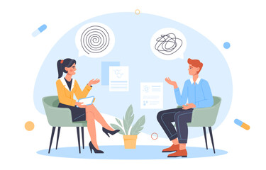 Psychologist with client concept. Man answers womans questions. Mental health and psychological support, awareness. Counseling and therapy. Frustration and depression. Cartoon flat vector illustration