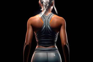 Slender physique of an athletic figure of a young woman on a black isolated background. Close up image of the back of a dark-skinned athlete. Generative AI. - obrazy, fototapety, plakaty