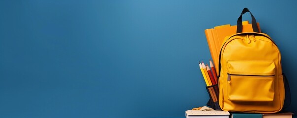 back to school, bag with stuff, books, pencil, space for text