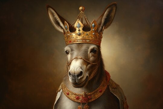 3D portrait, Animal, Donkey, Crown, Dressed, Ruler, King, Prince, Emperor. CROWNED DONKEY. A portrait of a cute donkey with pricked ears dressed up as a king.