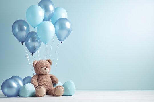 Teddy bear with blue balloons in the bright room Generative AI.