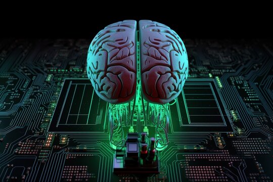 Symbol f&uuml;r k&uuml;nstliche Intelligenz. Ein Gehirn auf dem Motherboard als CPU. Vermenschlichen der Technologie.