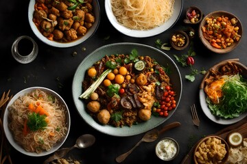 Overhead view of food served in bowl on table , Generative ai