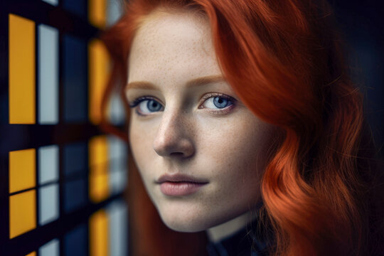 Generative AI illustration of side view of young redhead young woman with freckles and blue eyes looking at camera against blurred abstract background