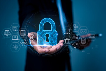 Business with technology. Concepts of surveillance and security scanning of digital program cyber futuristic applications. Cyber security is critical to doing business in the era of AI computing