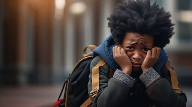 Crying Black Schoolboy Upset And Depressed. School Bullying