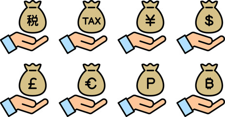 お金の袋と手のアイコン（税金・円・ドル・ユーロ・ポンド・ビットコイン・ポイント）, money bag and hand icon (TAX, yen, dollar, euro, pound, bitcoin, point)
