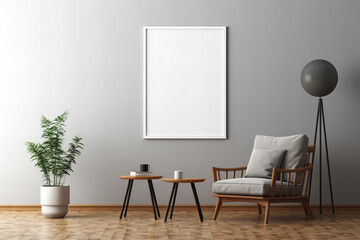 A stark white frame adorns the indoor wall, surrounded by stylish furniture and accents like a delicate vase, lush houseplant, and charming flowerpot, all set against a sleek floor, creating a captiv