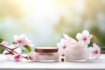 Fototapeta na wymiar Beauty and spa theme with natural organic eco cosmetics in open jars with blooming cherry flowers generative ai