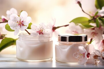 Beauty and spa theme with natural organic eco cosmetics in open jars with blooming cherry flowers generative ai