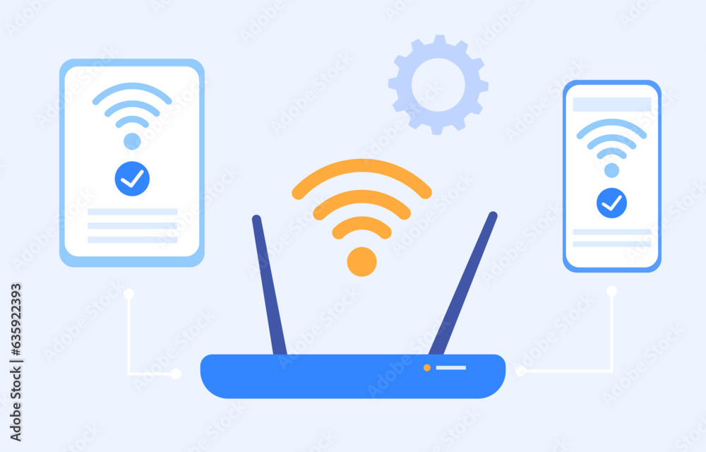 Poster wireless technology concept. router with smartphones. connection and synchronization. internet techn