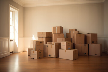 Cardboard boxes loaded with household stuff in an empty room at a moving day. Moving boxes stacked on the floor in empty room ready for transportation to new house. Relocation banner, copy space