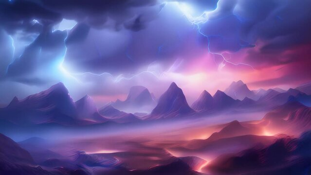 A dramatic landscape with lightning illuminating the mountain range. Generative ai