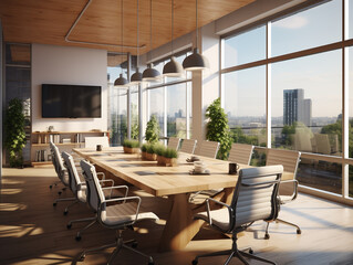 Fototapeta premium A medium-sized luxury corporate conference room. Has wide windows and glass walls to give the feeling of a wider and brighter space. 