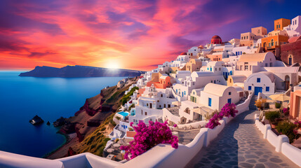 Fototapeta premium Step into a world of Mediterranean dreams with this enchanting image of idyllic houses. Nestled on a hillside or perched on cliffs, these homes offer panoramic vistas of the azure sea below. With terr