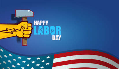 labor day Usa vector label or horizontal background. vector happy labor day poster or horizontal banner with clenched fist isolated on usa flag background . Labor union icon