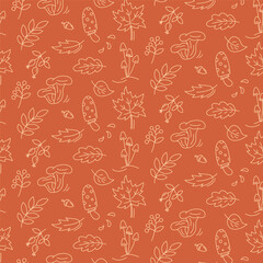 Autumn seamless line pattern with maple, oak, alder and rowan leaves, fly agaric and honey mushrooms on orange background. Fall season background