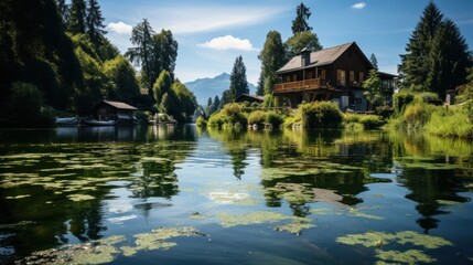 The small wooden house by the lake under the blue sky and white clouds is a serene and beautiful sight. The calm lake water reflects the image of the blue sky and white clouds, creating a dreamlike sc