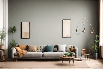 Retro style in beautiful living room interior with grey empty wall , Generative ai