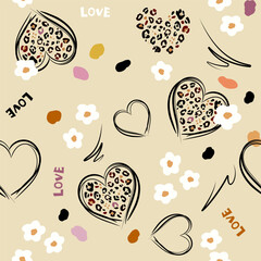 Hearts, leopard skin patterns, small primitive flowers, love inscriptions, spots. abstract seamless pattern. Design textiles, paper, postcards, t-shirt print drawing © Liubov