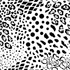 Seamless pattern from a mixture of abstract patches of animal skin, leopard, snake, geometric shapes. Safari africa design. Trendy vector black and white design for print on wallpaper, fabric, cover.