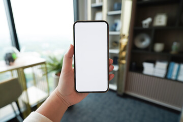 Close up of women's hands holding cell telephone blank copy space screen. smart phone with technology concept