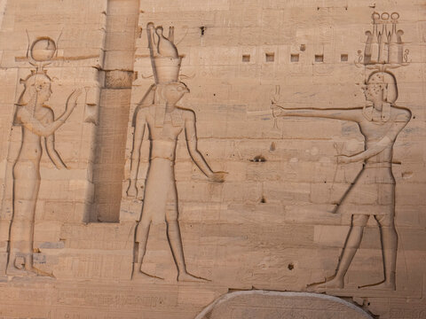 Hieroglyphs at the Philae Temple complex, The Temple of Isis, currently on the island of Agilkia, UNESCO World Heritage Site, Egypt, North Africa, Africa