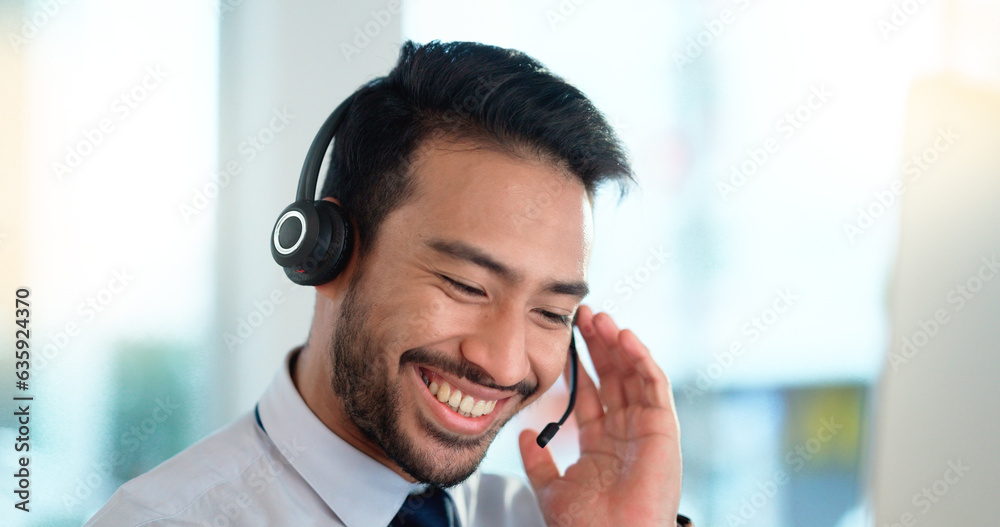 Poster call center agent consulting a buyer via video call in an office. a young friendly sales man talking