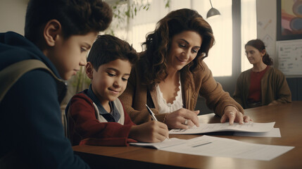 Obraz premium Family filling out paper work at the doctors office mother and child with papers. Concept of Medical forms, family healthcare, doctor's visit, administrative process, parental responsibility.
