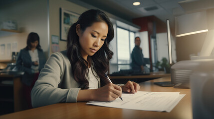 Asian woman filling out paper work at the doctors office. Concept of Medical forms, family healthcare, doctor's visit, administrative process, parental responsibility. - obrazy, fototapety, plakaty