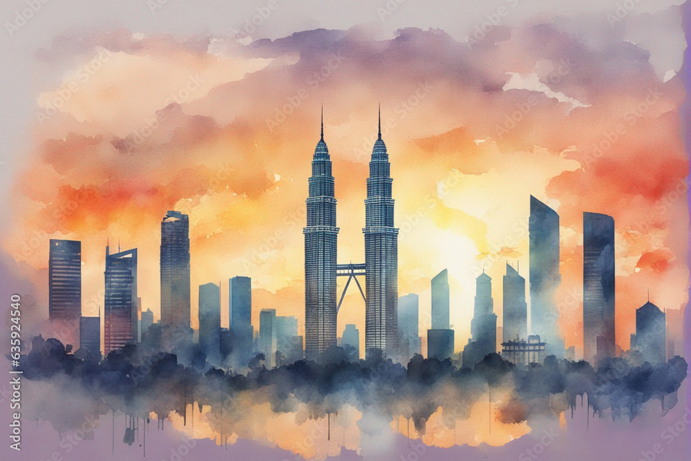 Wall mural kuala lumpur city center klcc in watercolor painting