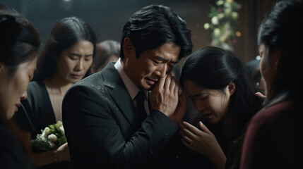 Fototapeta premium Asian family grieving at funeral in church. Concept of Funeral ceremony, family support, cultural traditions, grieving process, solemn atmosphere, church service, communal mourning, emotional.