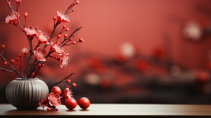 Chinese traditional red festival background with a chinese red plum blossom in the upper left corner of the background, lantern, spring festival, - obrazy, fototapety, plakaty