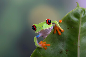 Red eyed tree frog hanging on anthurium leaf