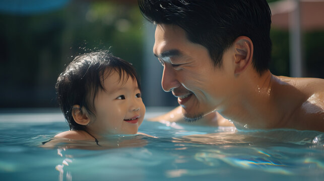Asian father teaching young son how to swim in indoor facility. Concept of Parental guidance, swimming lessons, family bonding, aquatic skills, indoor swimming pool, water safety, father-son.