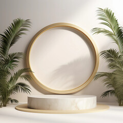 Obraz premium Round pastel podium and palm leaf, Abstract minimal geometric shapes background, Aesthetic summer dais concept and shadows on the wall, 3D Modern design for product showcase display, AI generated.