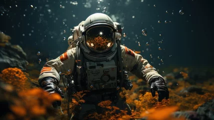 Fototapeten Realistic photo of an astronaut floating in deep water, nasa logo, photorealistic  © Dushan