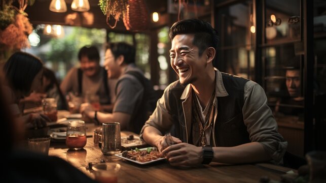 pictures of group of malay and chinese guys talking smiling laughing and chilling while drinking coffee and eating western food in a colorful cafe with afternoon ambient