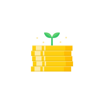 芽が生えて成長している積み重なった5枚のコイン - お金が増える･貯金･利益のイメージの素材
